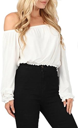 Girl Talk Clothing Womens Long Sleeved Frill Bardot Festival Crop Gypsy Blouse Top