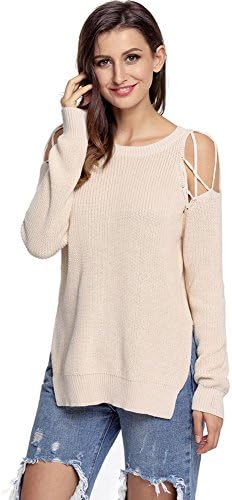 casual knit sweater women split the fork cross straps long sleeve loose tops elasticity sportswear sweatshirts pullovers . apricot . xxl