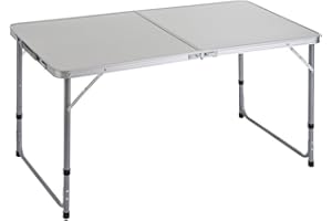 LOLAHOME Mesa plegable camping y playa 120x60x70 cm, atura regulable 50-60-70 cm, mesa picnic portátil con asa transporte, patas plegables acero, tablero MDF aspecto madera nogal, gris, antivuelco y compacta.