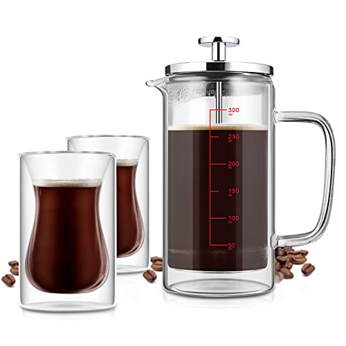 French Coffee Press Tea Maker with 2 Coffee Glasses, Doublewall