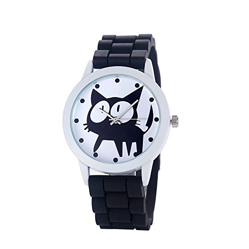 Loveso -Damen Armband uhr elegant Frauen-nette Karikatur Katze Kitty Silikon-Quarz-Uhr-Armbanduhr_Schwarz