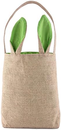 Fancyus Easter Bunny Bag Easter Basket,Dual Layer Bunny Ears Design Jute Cloth Material,Easter Bag Tote Bag Carrying Eggs Gifts for Easter Party (Green)