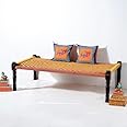Rajasthani Wooden Khatiya Khaat | Traditional Handcrafted Wooden Charpai Bed | 6x3 Feet | Solid Wood Frame with Durable Cotton Ropes for Home, Garden, or Outdoor Use (Orange Yellow)