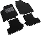 Alfombrillas a medida, realizadas en moqueta perforada de excelente calidad; color: negro; base engomada granular y antideslizante; borde perimetral de tela de color negro con ribete gris claro que resalta el diseño de su forma y le confiere un acabado deportivo y elegante. Producto equipado con velcro antideslizante sobre toda la zona perimetral y talonera reforzada con goma sobre la alfombrilla del conductor, que protege las zonas expuestas a un mayor desgaste.