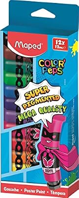 Maped - Peinture Gouache Enfant - 12 Couleurs Intenses Super Pigmentées - Facile à Ouvrir - Bouchon à Clapet Imperdable - Boîte Carton de 12 Tubes de 12 ml