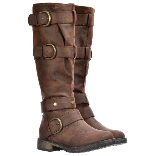 Dolcis Women's Knee High Biker Boots With Buckles and Studs - Black, Tan Brown UK8 - EU41 - US10 - AU9 Brown
