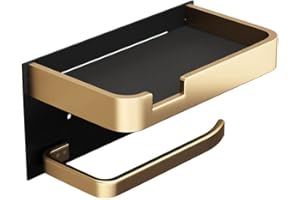 LANMOU Porte-Papier Toilette Mural avec Étagère de Téléphone, Support Rouleau Papier Toilette Adhesif Moderne Doré Noir Derouleur Papier Toilette pour Salle de Bain