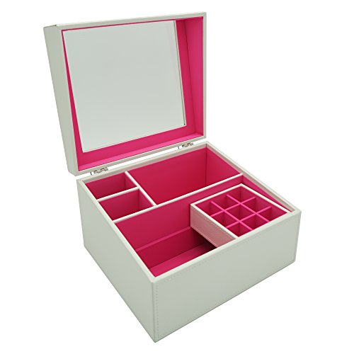 4Queens XXL Sexy Schwarz/Rosarot Holz Leder Kosmetikorganizer Kosmetikbox Kosmetik Ständer Kosmetik Aufbewahrung Schmuckaufbewahrung Schmuckkasten Schminkkasten Schminkbox Schmink Aufbewahrung Makeup Aufbewahrung Makeup Box mit sichtbarem Fenstern LxBxH: 25*22*15cm (Weiß/Rosarot)