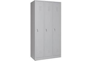 ‎FURNI24 furni24 Garderobenschrank 90x50x180cm Garderobenspind Umkleidespind Spind Schrank Kleiderschrank Abschließbar grau 3-türig 30cm Abteilbreite fertig montiert Verschiedene Ausführungen verfügbar