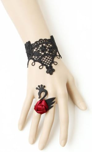 Gothic / Medieval Glamorous Black Lace Party Bracelet with Black Swan &amp; Red Rose Ring - Gift Pouch / Box