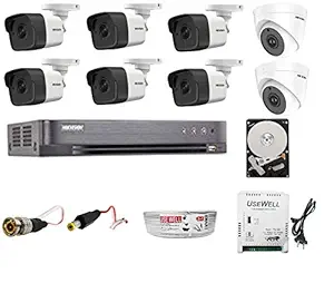 HIKVISION Wired 4K Full HD 5MP CCTV Combo with 2 Dome, 6 Bullet Cameras, 8CH DVR (7B08HUHI-K1), 2TB Hard DISC, 90 m Wire Bundle 8 CH power supply and All Required Accessories