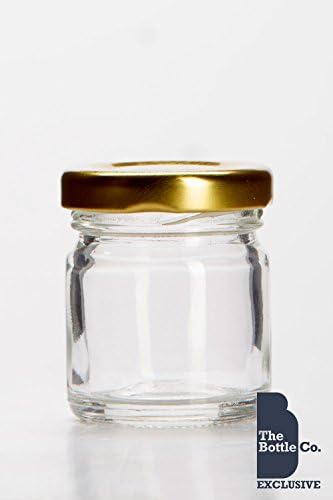 BOTTLE COMPANY 60 X 1.5OZ/45ML APPROX ROUND GLASS JAM JARS,CHUTNEY,PRESERVE,PICKLE,SWEET,HONEY,WEDDING FAVOUR JAR C/W GOLD LIDS