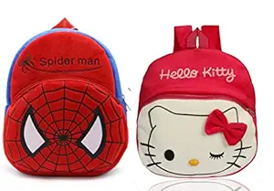 Blue Tree Kids School Bag Soft Plush Backpack Cartoon Bags Combo Mini Travel Bag for for Girls Boys Toddler Baby (Spiderman & New Red Kitty)