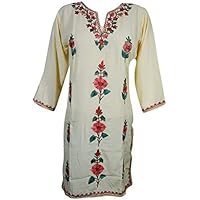 Mogul Interior Womans Aasha Tunic Kurta Dress Silk Fine Hand Embroidered Dresses Side Slit