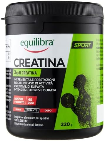 Equilibra Integratori Alimentari, a Base di Creatina, Integratore Energia per Sportivi, Incrementa le Prestazioni Fisiche in Caso di Attività Ripetitive, Senza Glutine, Barattolo 220 g