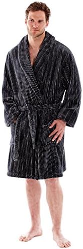 Mens Chevron Grey Stripe Shawl Collar Flannel Fleece Robe 260gsm