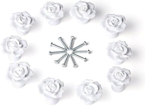 Oderola 12PCS Ceramic Vintage Floral Rose Flower Door Knobs Drawer Handles Pulls for Kitchen Cupboard Cabinet Closet Furniture w/ Screws White
