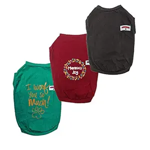 FETCHER Red, Black and Sea Green Premium Printed Dog T-Shirts for Small Breeds (Set of 3) (Large)