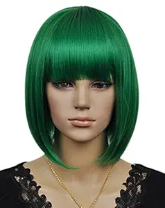 Kalyss Womens Cosplay Party Kanekalon Synthetic Fiber Short Straight Dark Green Bob Hair Full Wigs