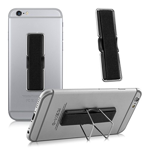 kwmobile supporto per dita per cellulare - sostegno adesivo con cavalletto e fascetta elastica - impugnatura stand universale per smartphone - nero