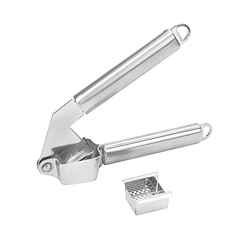 garcoo Edelstahl-Knoblauchpresse, inkl. Schäler und Reinigungsbürste, Set, zum Schälen und Pressen von Knoblauch, mit Silikon-Rolle, edelstahl, B