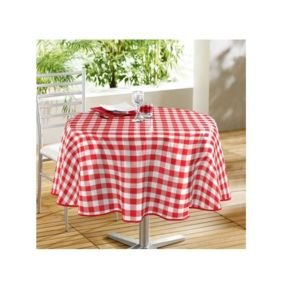 Wetterfeste gesäumte stylische OUTDOOR – Wachstuch - Tischdecke Landhaus rot weiss kariert - die perfekte Tischdecke für drinnen und draußen - geeignet für Haus, Terrasse, Balkon und Garten – ABWASCHBAR - WIND- und WETTERFEST – WASSER- und SCHMUTZABWEISEND – Neu aus dem KAMACA-SHOP (160 cm rund, ROT / WEISS)