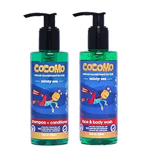 Cocomo Natural Top to Toe Wash for Kids: Shampoo + Body Wash - Paraben & Sulfate Free - Contains Coconut Oil, Olive Oil, Neem & Aloe Vera (Minty Sea 400 ml Combo)