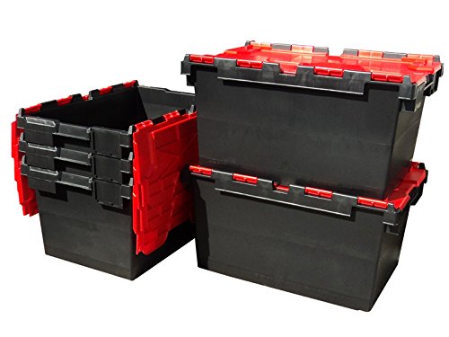 10 x Large Plastic 80 Litre Heavy Duty Storage Boxes (71 x 46 x 36.8cm) Plastor Red and Black LC3 Crates with Attached Hinged Lids