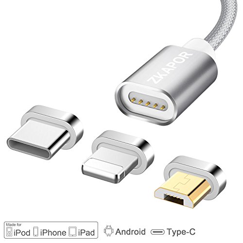 C  ble de Chargeur Magn  tique  ZKAPOR 1M Multi Magentic Charge et Synchro Donn  es C  ble de Chargement Aimant   avec Lightning Micro USB Type C Adap