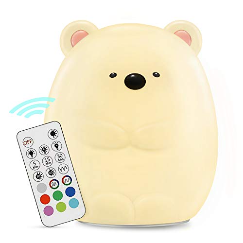 Cute Night Light for Kids, Makion The Logy Bear Touch & Rmote Control Soft Silicone Nursery Night Light for Boys and Girls,Dimmable 7 Color Changing Bright Nightlight