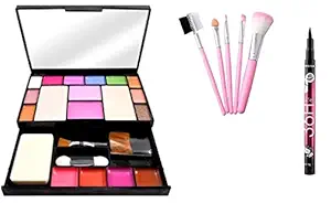 Womens and Girls TUMR TYA Fashion 6171 Multicolour Makeup Kit and 5 Pink Makeup Brushes Set with 1 36H Waterproof Liquid Liner - (Pack of 7)