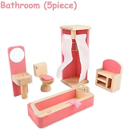 JouerNow Wooden Pink Dollhouse furniture Set 5 Piece Bathroom Kit Kids Play Game Miniature Toy Accessories Toilet/Shower/Wash Basin/Mirror/Cupboard