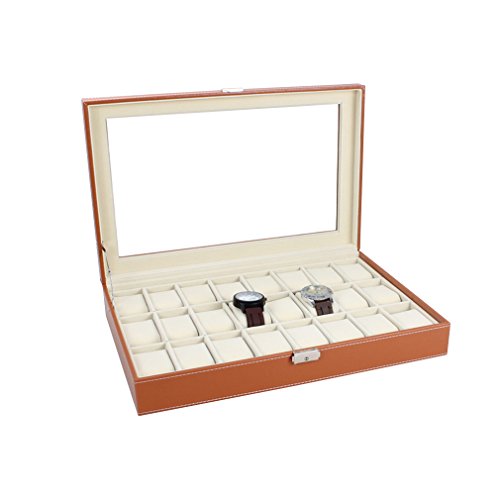 Preisvergleich Produktbild Uhrenbox Uhrenkoffer Herren Frauen Uhrenkasten für 24 Uhren Uhrenschatulle aus Kunstleder Uhrenvitrine in Gelb (innen) + Braun (außen)