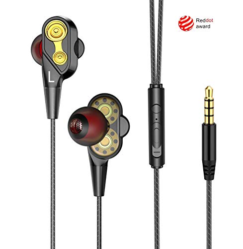 iAmotus Auricolari In-Ear Doppi Dinamici Driver Headset Suono Stereo Cuffia con Riduzione del Rumore e 3.5mm Cuffie Cablate con Microfono per iPhone, Smartphone Android e Lettore MP3-Nero Oro Disegno