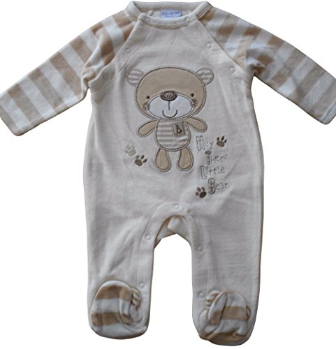 0-3 months - Baby Boys Girls Unisex Cute Cream and Brown Little Bear Velour Sleepsuit Onesie