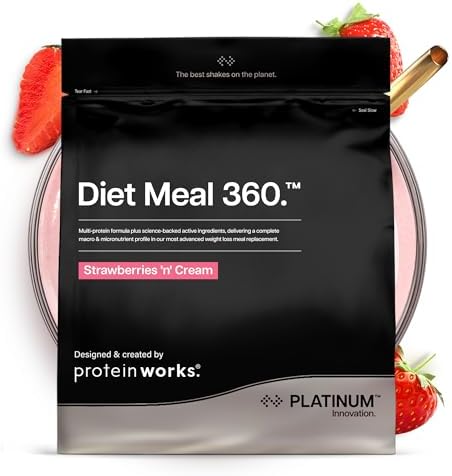 Protein Works | Diet Meal 360 – PLATINUM Innovation, Shake Sostitutivo Pasti Dietetico, Perdita Peso, 26 Vitamine & Minerali, Semi Di Lino, Inulina, Omega‑3, Panna e Fragole, 16 Pasti, 1kg