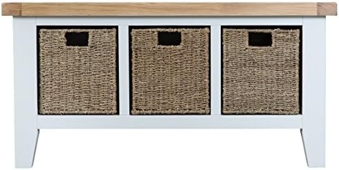 Stratford White Painted Hall Bench / Contemporary Storage Bench with Chunky Oak Top / With Wicker Basket Drawers