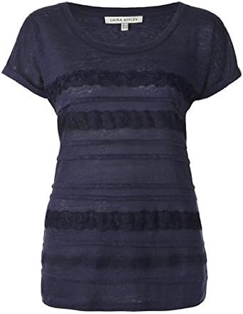 Laura Ashley 100% Linen & Lace Short Sleeved Spring Summer Top T Shirt RRP £40 (12, Navy)