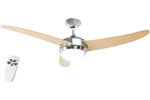 Ventilatore da soffitto con luce colore cromo e 3 pale Perenz 7101CL, Diametro 130 cm completo di kit luce Diametro 22 cm e telecomando a onde radio. Richiede 2 lampadine attacco E27 max 40W non incluse Potenza 18W-52W 3 velocità Reversibile