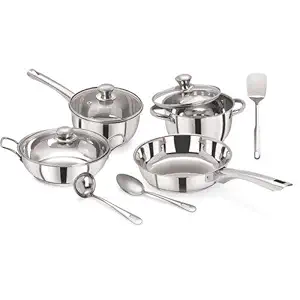 Pristine Tri Ply Induction Base Cooking Essential Stainless Steel Cookware Set, 10Pcs, Silver