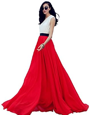 Urban GoCo Femme Vintage Maxi Jupe Mousseline Longue Plage Bohême Plissé Rétro Robe (XL, Rouge)