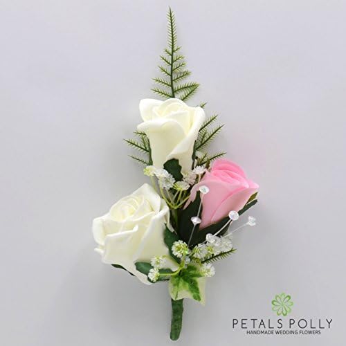 Artificial Wedding Flowers Hand-Made by Petals Polly, Silk Rose Corsage/Buttonhole in Baby Pink/Ivory