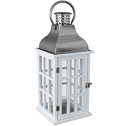 Dekorative Laterne 20x20xH47cm mit Henkel Windlicht Gartenlaterne Holzlaterne Kerzenhalter Gartenbeleuchtung Dekoration – Weiß/Silber - 5