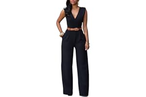 seiveini Combinaison Femme Sans Manches Combinaison Pantalon Chic avec Ceinture à Col en V Pantalons Longue Ample Combishort Taille Haute Vêtements de Travail Jumpsuit Elegante