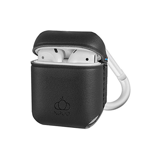XGUO AirPods Hülle Premium Leder Cover für Airpods Ladehülle für Airpods 2 Handgefertigte Schutzhülle kompatibel mit kabellosem Laden & Karabiner - Schwarz schwarz