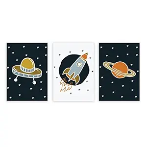 INKOLOGIE Nursery Kids Room Wall Art Decor Poster Print, A4 Size 8.25 x 11.75-inch, Astronaut Star Galaxy Theme, UFO, Spaceship, Planet Graphics, 3-Pack, No Frame