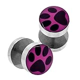 Color: lila / púrpura Lavida - Juego de 2 piercings dilatadores falsos, con rosca, diseño de huellas de pata, color morado y negro