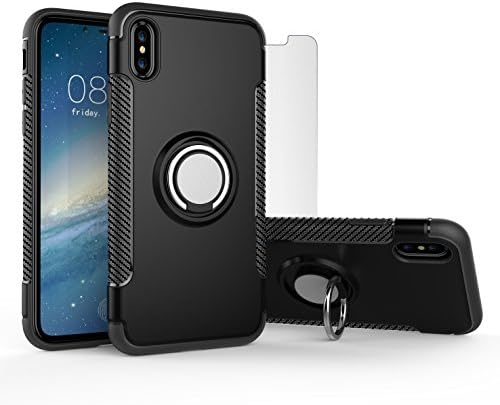 iPhone 10 / X - Protective Phone Case and Tempered Glass Screen Protector [Bundle] - Shock Absorption with Built-in 360 Degree Rotating Finger Ring Grip Holder and Stand - Magnetic Car Mount Compatible (2018 Q1) (Black)