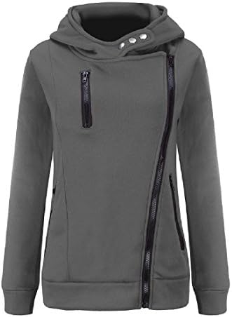 Witkeyseller Women Pure Color Hood Oblique Zipper Velvet Leisure Sweatshirt Pattern9 XS