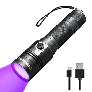 UV Flashlight, COSMOING 395nm Ultraviolet Blacklight, Rechargeable LED Flashlight IP65 Waterproof Detector for Pet Urine, Cat Dog Stains, Bed Bug, Scorpions Hunting (18650 Battery Included)